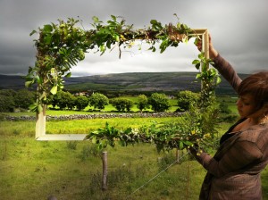 女学生拿着一架包裹在绿色植物与爱尔兰乡村的背景